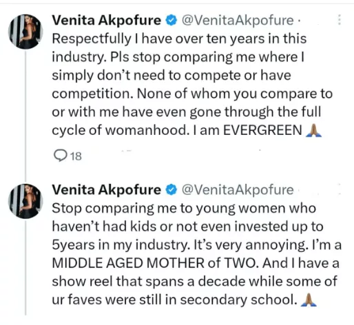 Stop comparing me to young women who haven't had kids - Actress Venita Akpofure warns fans