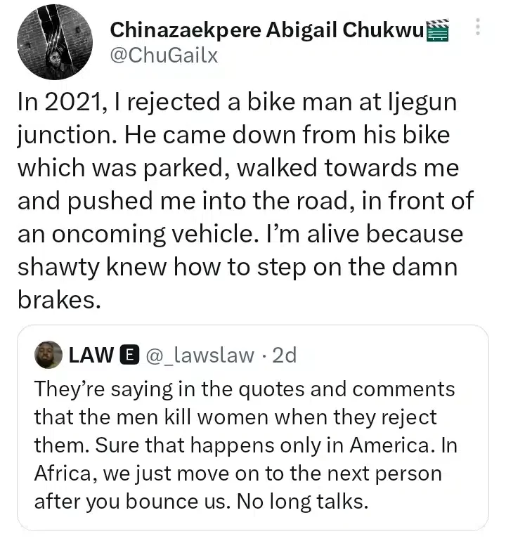 Lady recounts how she survived after bike man pushed her into highway for turning him down