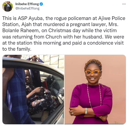 Photo of police officer who allegedly shot female lawyer, Bolanle Raheem, dead in Lagos