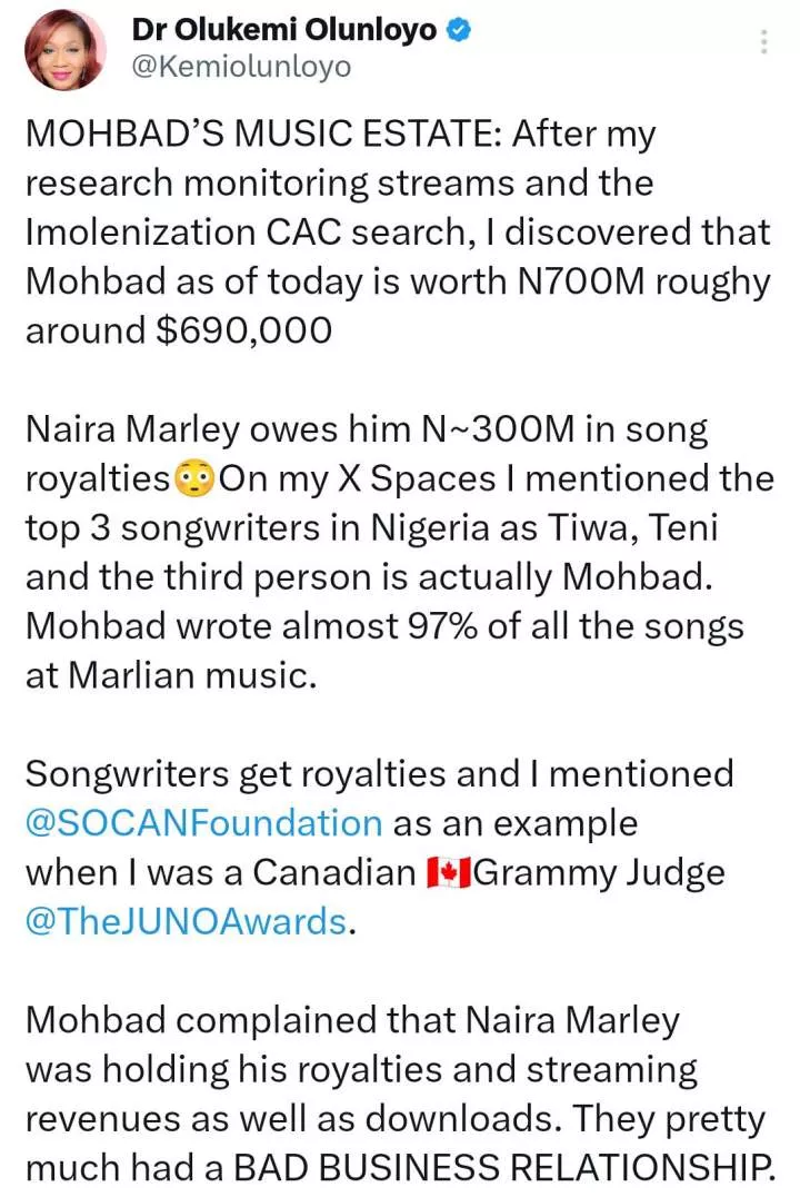 Naira Marley owes him about ₦300 million;  Mohbad is worth about $690k- Kemi Olunloyo