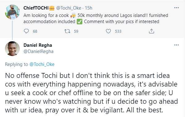 'This is neither smart nor safe' - Fan lectures reality star, Tochi over his search for good cook online