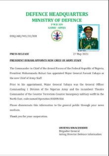 BREAKING: Buhari appoints Maj Gen Yahaya as new Chief of Army Staff
