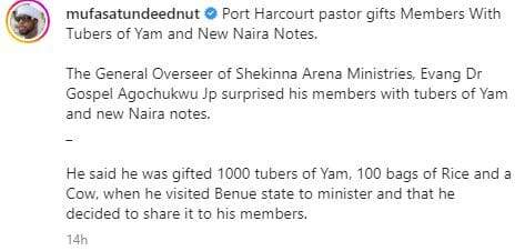 Ugezu J. Ugezu reacts as Port Harcourt-based pastor gifts members tubers of yam and new naira notes