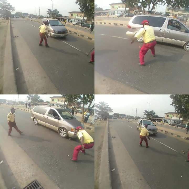 Moment two LASTMA officials were almost hit by an erring driver they attempted to arrest for driving on a BRT lane