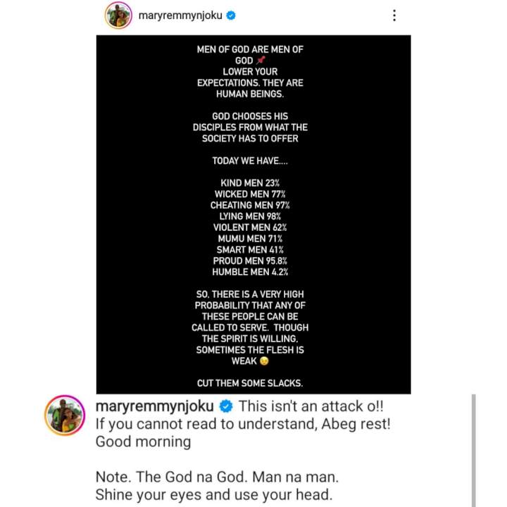 'Lower your expectations on men of God. They are human beings' - Actress Mary Njoku advises