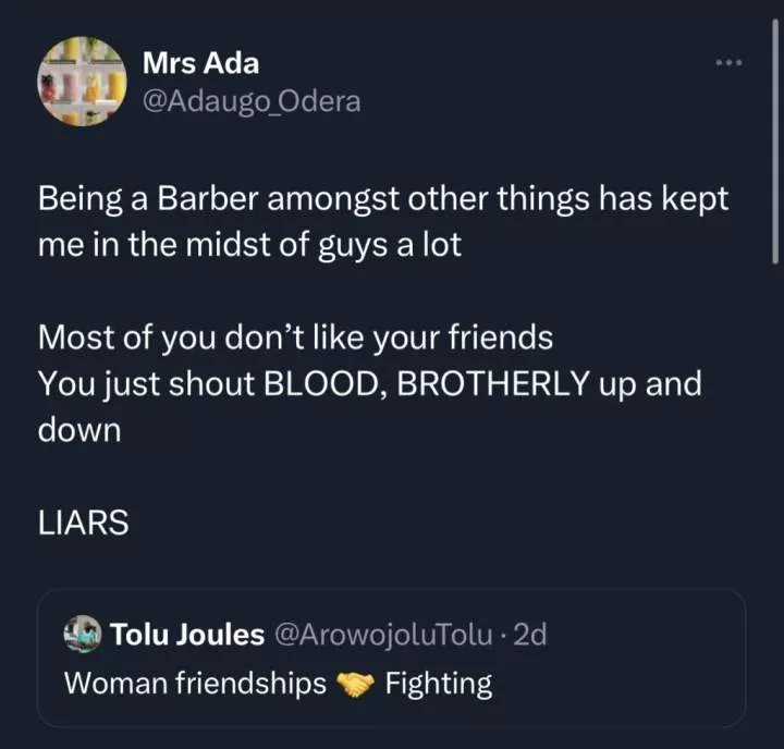 Female barber exposes the truth on male friendships 