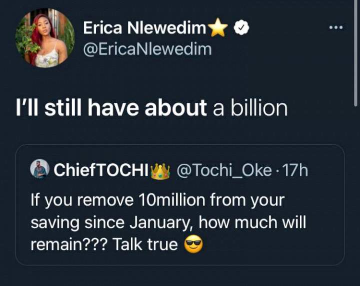 Erica reveals amount of money left in her account if N10M is removed