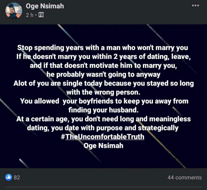 'If he does not marry you within two years of dating, dump him' - Lady advises