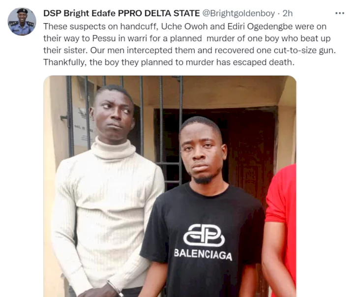 Two suspects arrested while on their way to murder a boy for beating their sister in Delta state