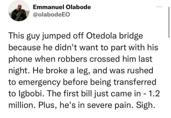 Man breaks leg, bags N1.2M hospital bill after jumping off bridge to escape phone robbers