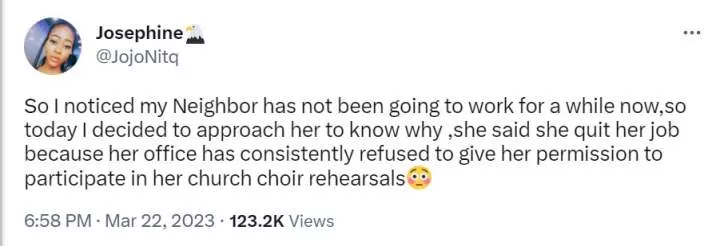 Lady quits her job after boss refused to give her permission to attend choir rehearsal