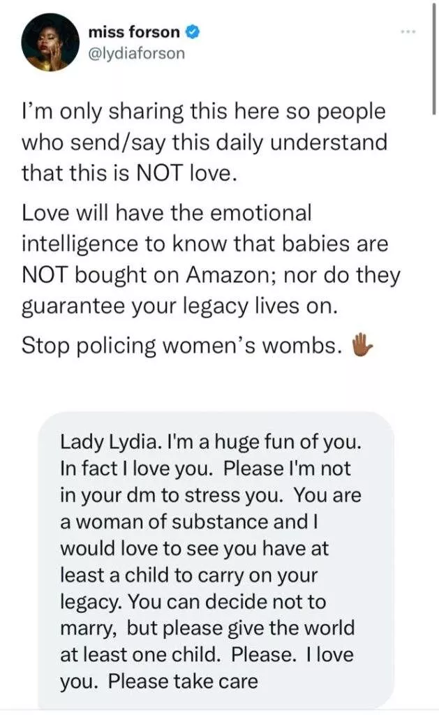 Actress, Lydia Forson shares audacious message she received from fan who advised her to give 'the world a child'