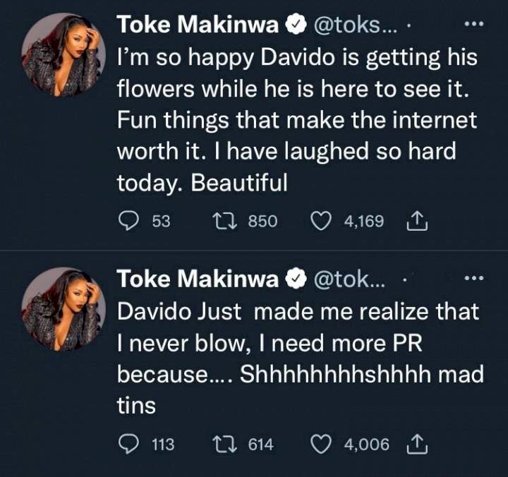 'Davido made me realize that I never blow, I'm happy he's getting his flowers' - Toke Makinwa