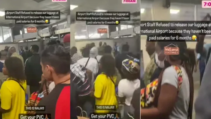 Pandemonium as airport staff refuse to release passengers' luggage in protest over unpaid salary (Video)