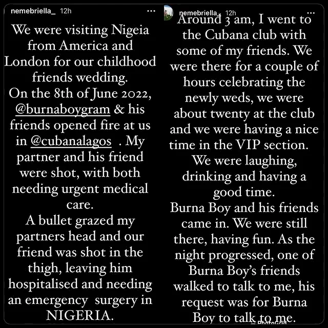 Married lady assaulted by Burna Boy gives detailed narration that led to shooting of her man