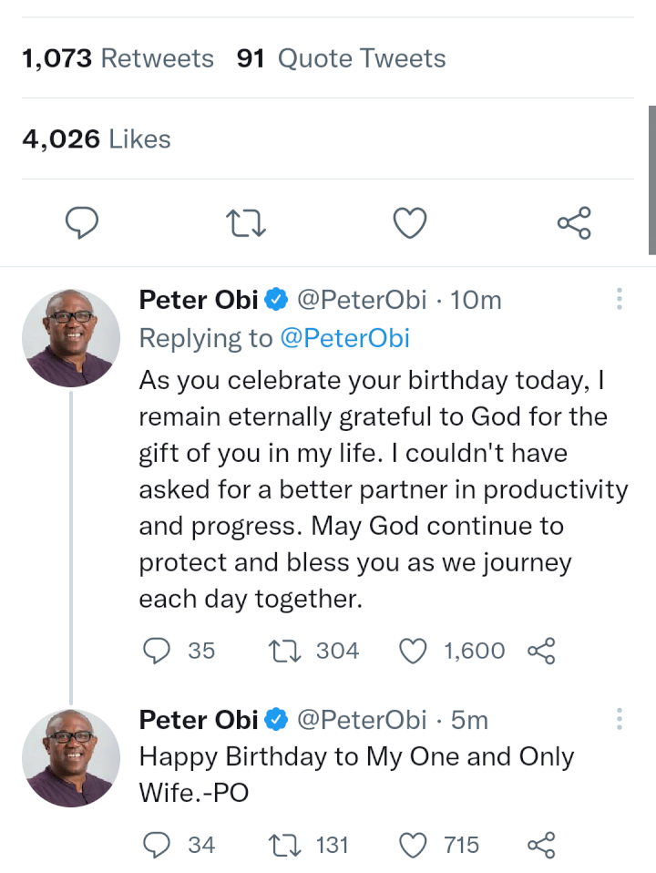 'I remain eternally grateful to God for the gift of you in my life' - Peter Obi showers encomium on his wife, Margaret as she celebrates birthday