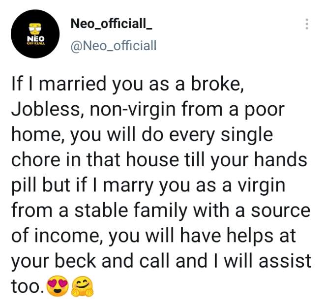 I will only help you do house chores if I married you a virgin - Man warns future wife