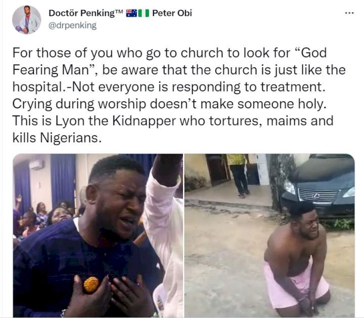 Photo of notorious kidnapper Lion pouring out his soul during worship in church surfaces