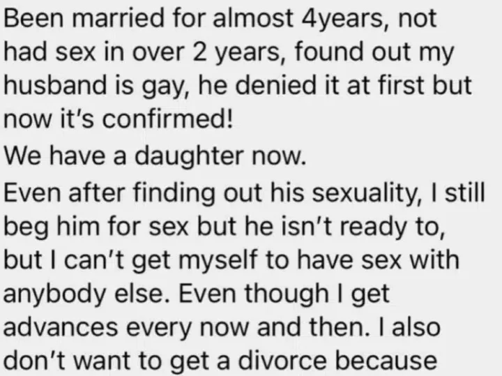 'My husband is gay; I still beg him for sex but he isn't ready to' - Heartbroken woman cries out