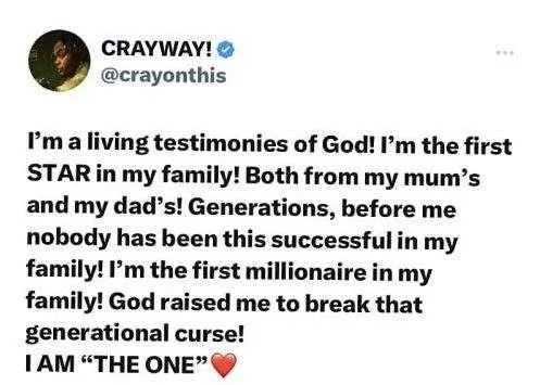 'I broke the generational curse in my family for being the first millionaire' - Crayon says