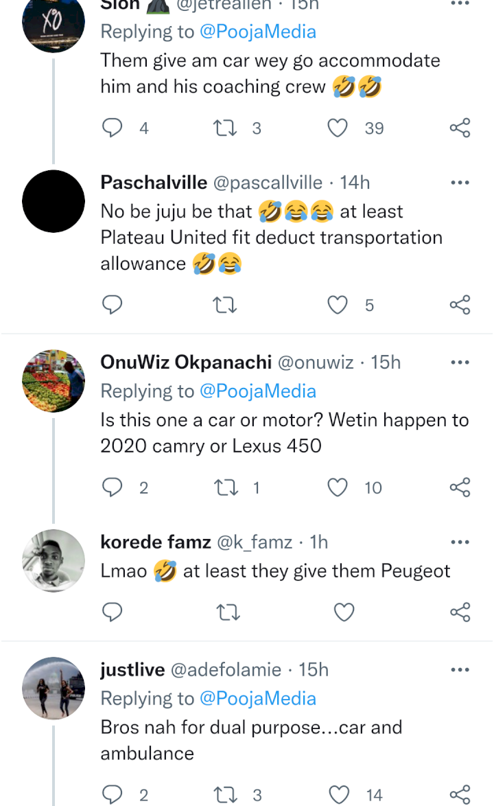 Interesting reactions after Nigerian football club Plateau United present official car to their new coach