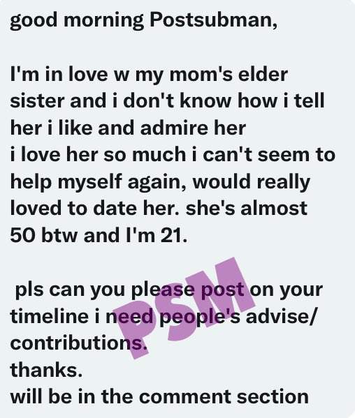 'I'm in love with my mom's elder sister' - Man cries out