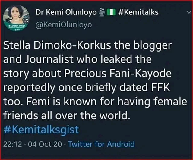 Two years later, Stella Dimoko Korkus rubbishes Kemi Olunloyo over allegations of affair with FFK