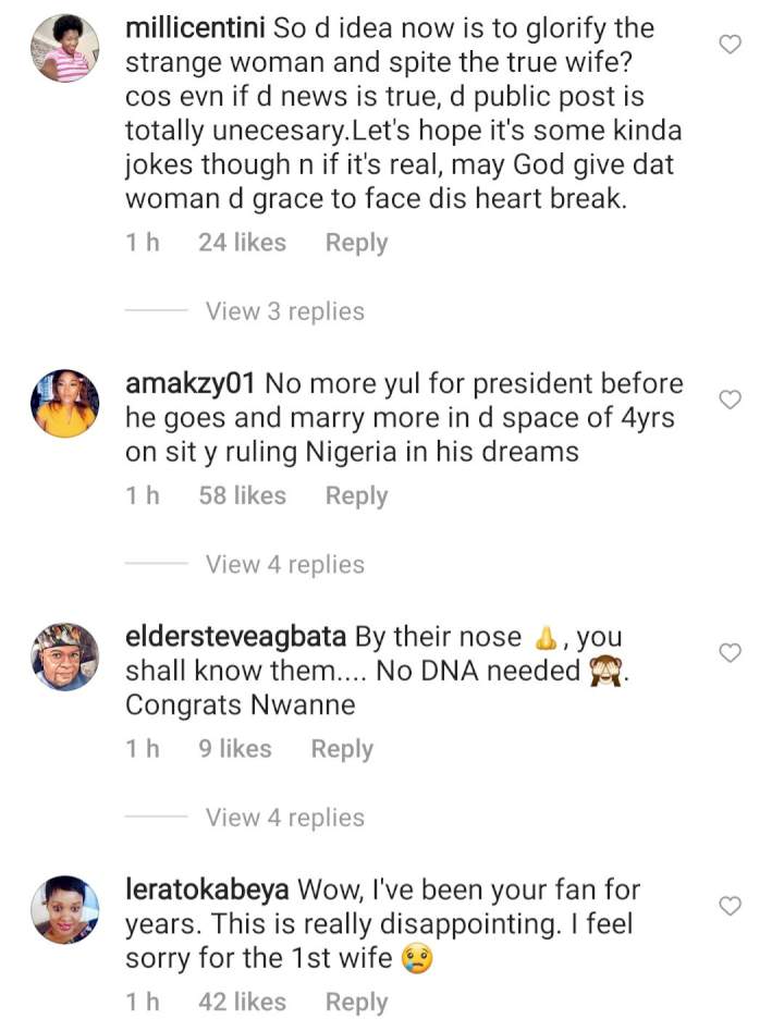 Nigerians troop to Yul Edochie's IG account to react following news he welcomed a child with actress Judy Austin Muoghalu