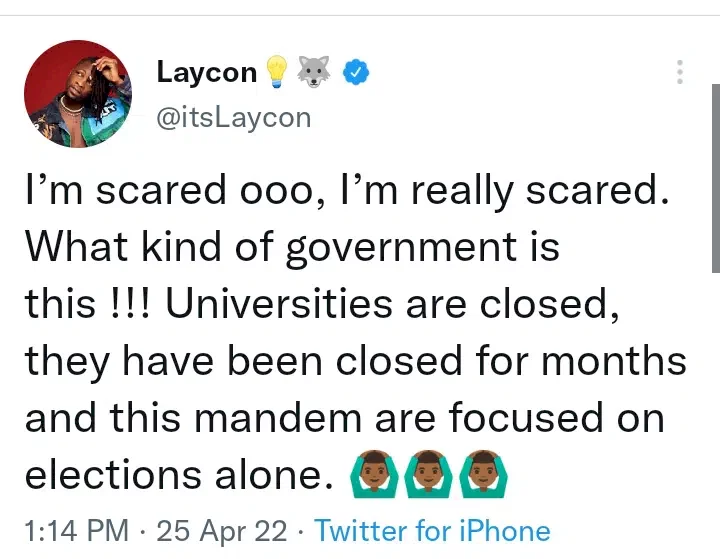 'I'm scared' - Laycon laments over state of the nation