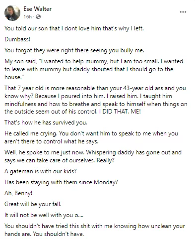 Irresponsible fool - Writer Ese Walter calls out her ex-husband and Arise News anchor, Benny Ark, for allegedly leaving their kids home alone with a gate man