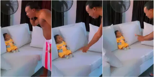 Adorable moment baby listens carefully as father warns about her cries (Video)