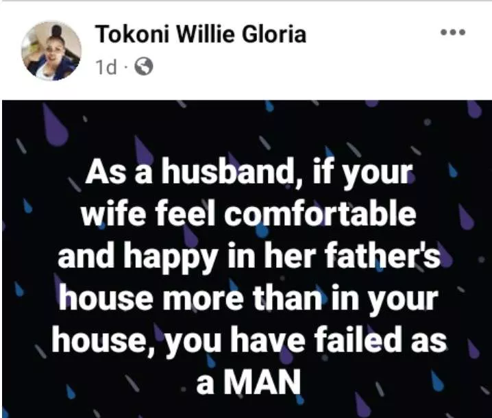 'You have failed as a man if your wife feels more comfortable and happy in her father's house than in your house' - Nigerian lady says