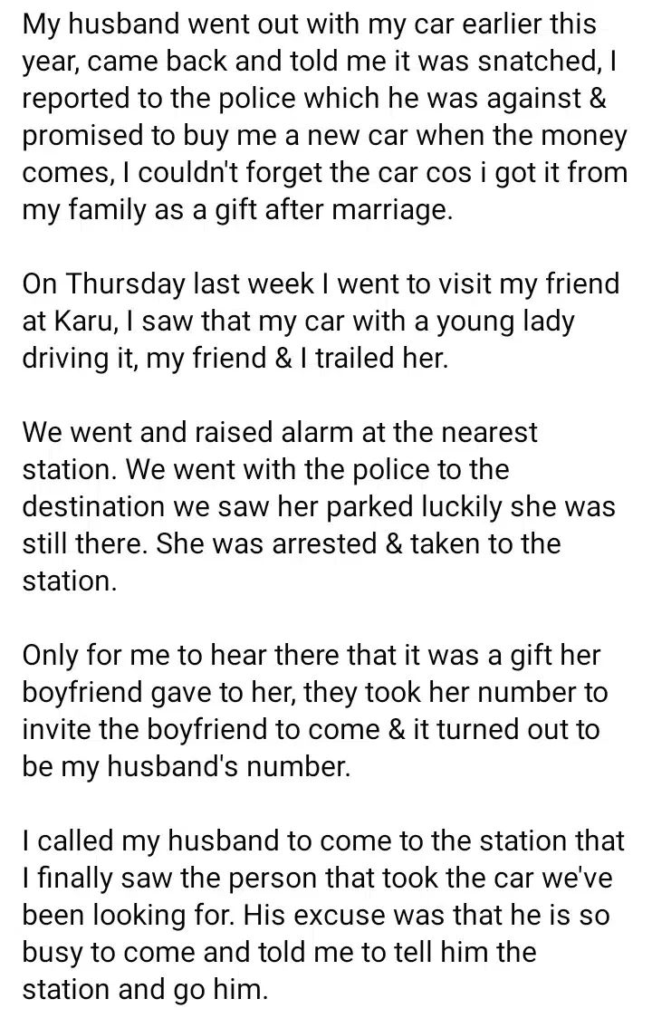 Husband gifts wife's car to side chic; wife gets them both arrested