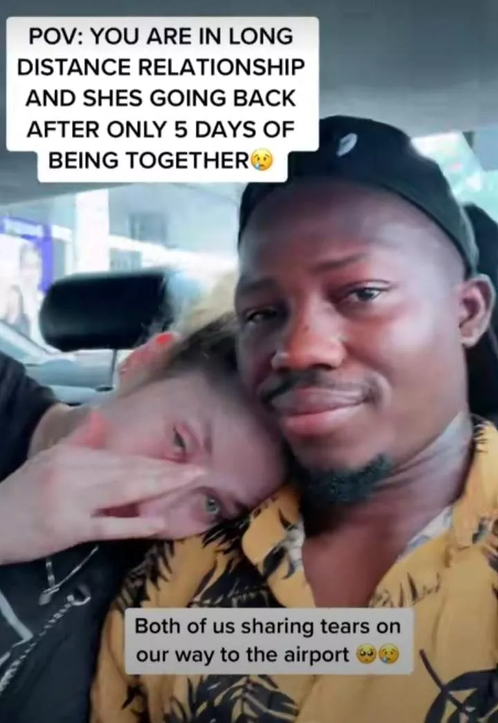 'She's going back after 5 days' - Man sheds tears with oyinbo lover as they head to airport (Video)