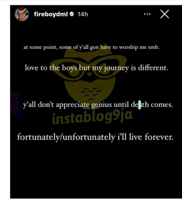 'I Will Live Forever, All of You Will Worship Me' - Fireboy Declares