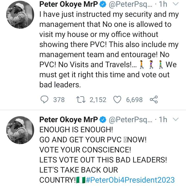 'No one is allowed to visit my house or office without PVC' - Peter Okoye notifies; endorses Peter Obi for 2023 presidency