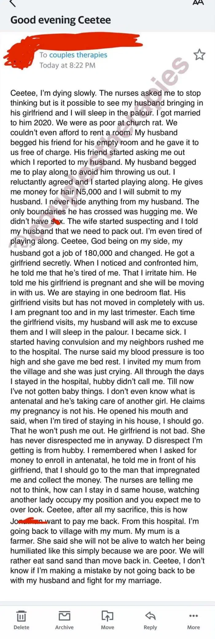 Pregnant wife seeks advice to save marriage as pregnant side chic moves into their one bedroom apartment