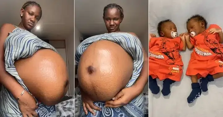 'New mama ejima in town' - Nigerian lady flaunts very big baby bump as she welcomes twins (Video)