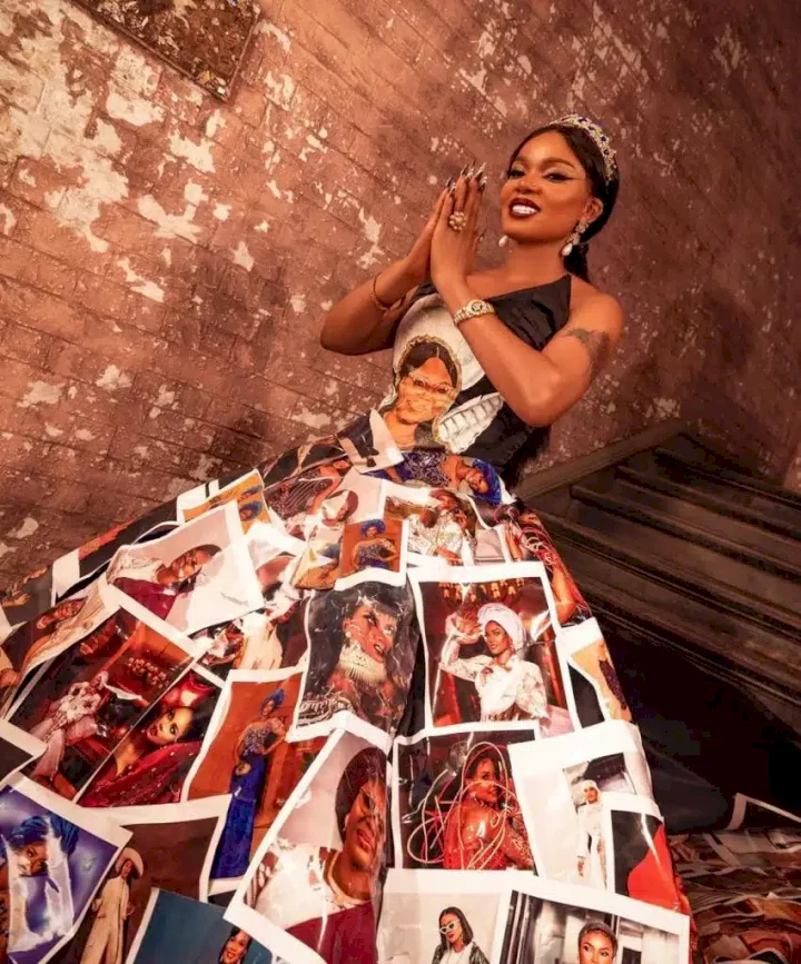 'A masterpiece' - Iyabo Ojo praised over outfit with '150' photos of her and family on it