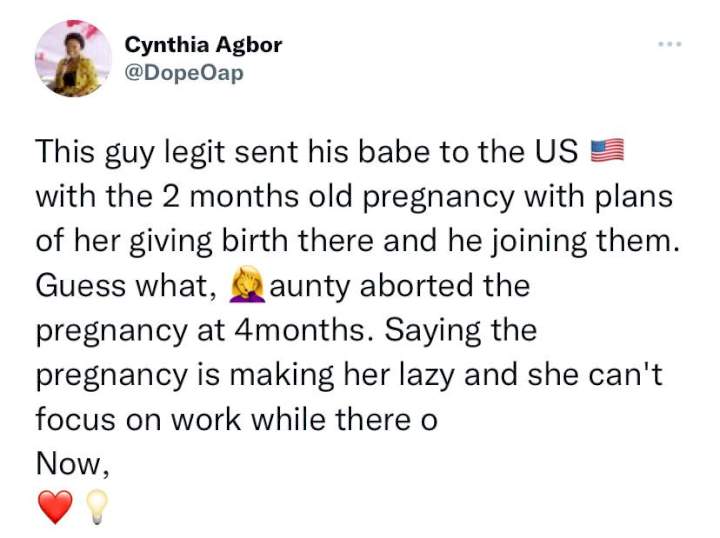 Pregnant lady aborts baby two months after boyfriend sponsored relocation to US to give birth