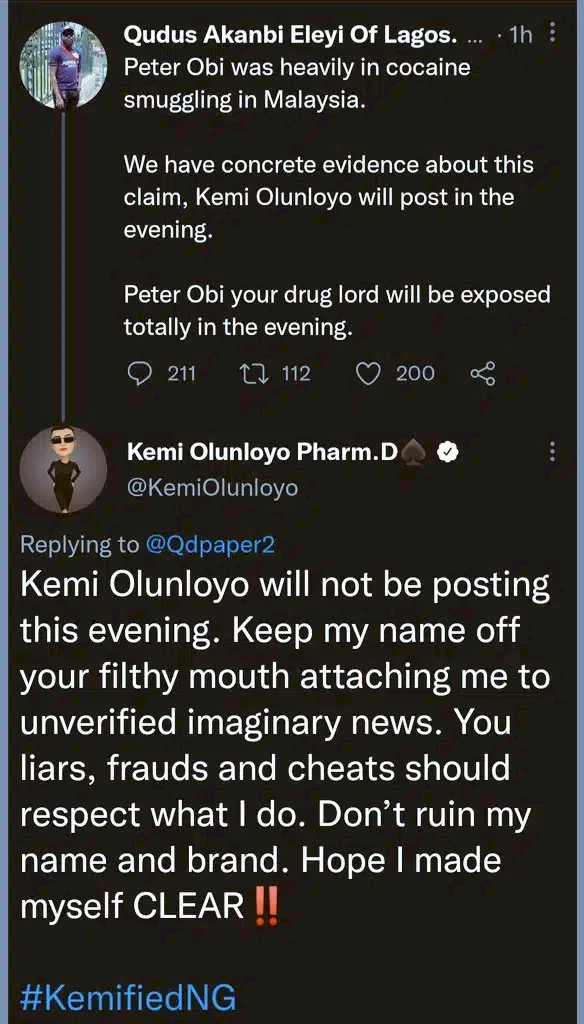 Kemi Olunloyo warns Tinubu's supporter who claimed she has evidence of Peter Obi being a drug lord