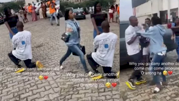 Drama as lady catches boyfriend proposing to another lady at mall (Video)