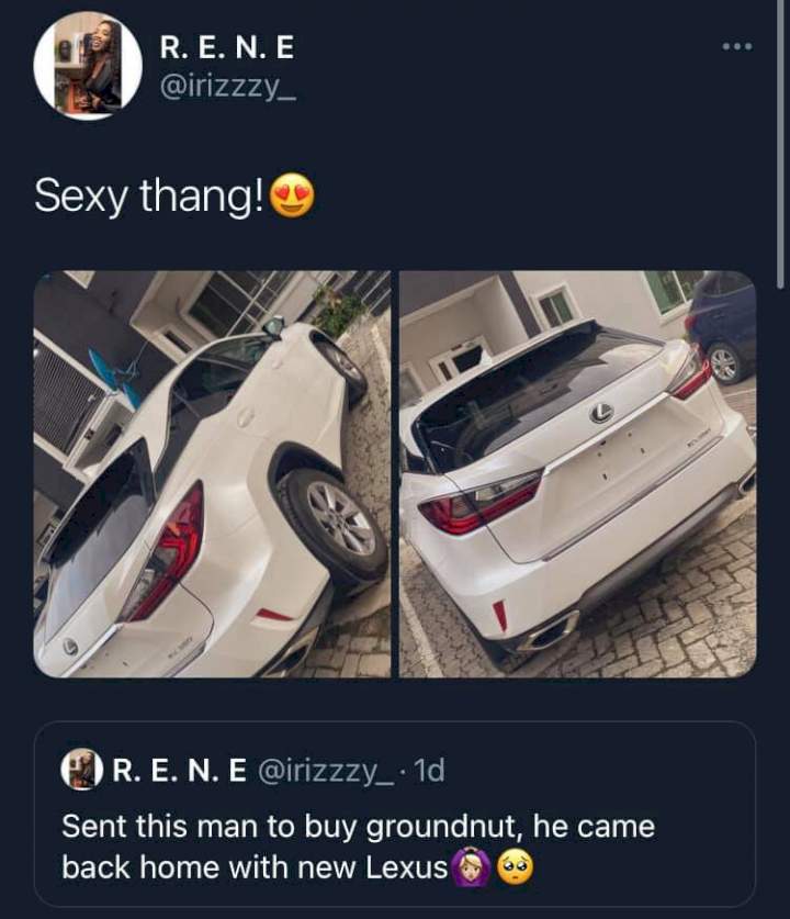 Nigerian lady shares photo of a new car her husband got for her in place of groundnut she sent him out for
