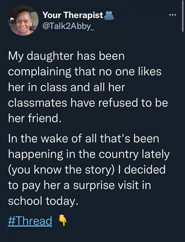 Lady narrates approach taken after daughter complained how classmates refused to be her friend