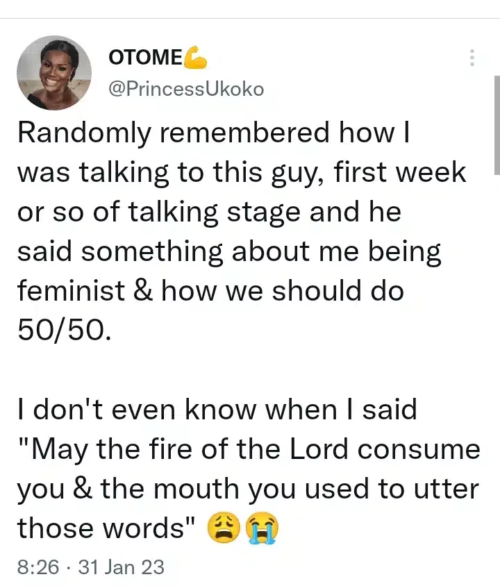 Feminist rants as suitor suggests 50/50 split of financial responsibilities
