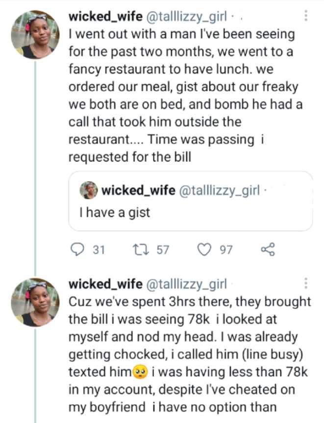 Lady narrates how she called her main boyfriend to pay bills at a restaurant after her side boo ran away