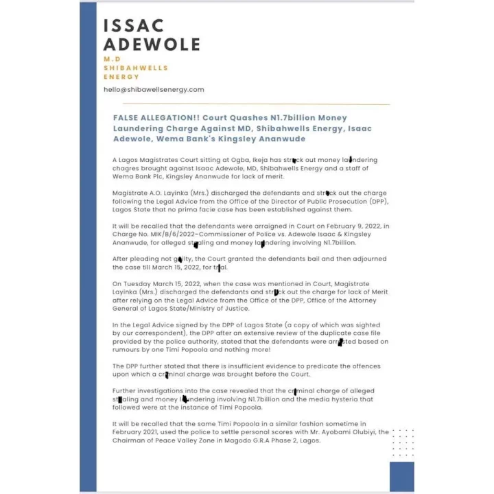 *F*LSE ALLEGATION!! Court Quashes N1.7billion Money L*undering Charge Against MD, Shibahwells Energy, Isaac Adewole, Wema Bank's Kingsley Ananwude*