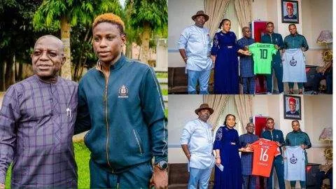 Super Falcons star Christy Uchiebe gifts Abia State governor Alex Otti jerseys.