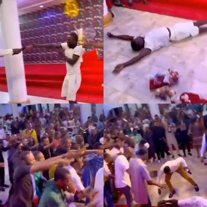 Pastor and congregants call down Holy Ghost fire on man who stormed their church service armed with a fetish item (video)