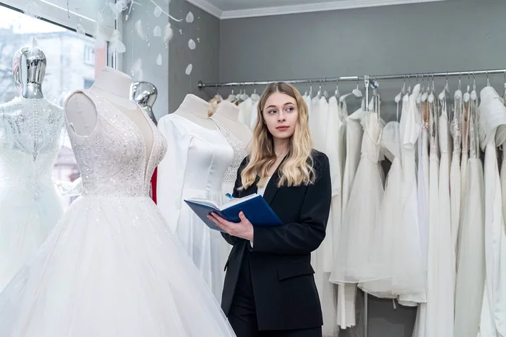 Person in a suit holding a blue book, standing in a bridal boutique surrounded by mannequins wearing wedding dresses